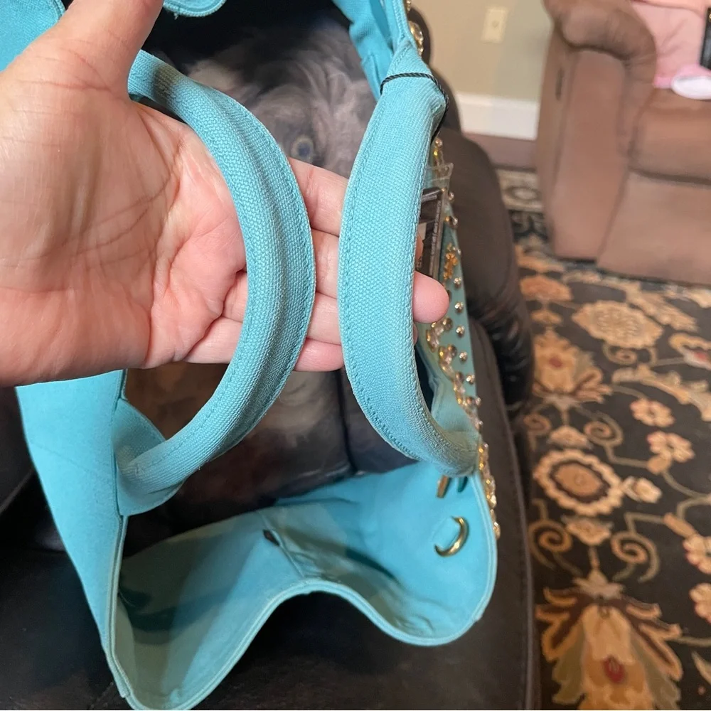 Prada Turquoise Studded Canvas Tote with Detachable Strap COA - Picture 7 of 16
